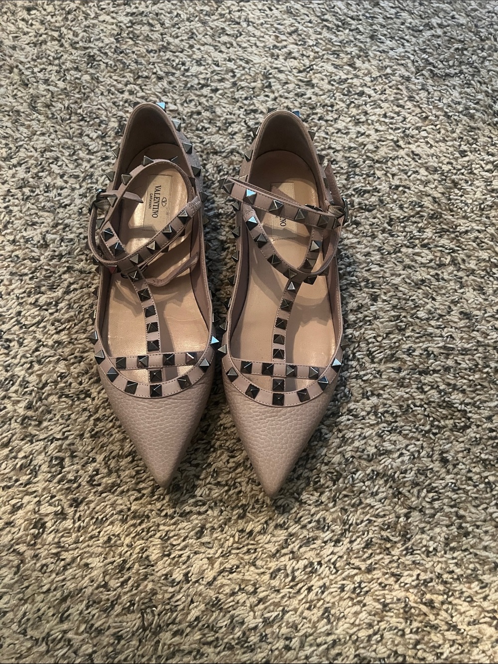 Valentino Garavani Taupe Rockstud T-Strap Pointed Flats